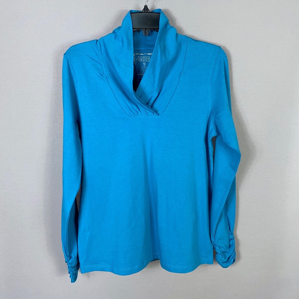 Beyond Threads Pima Cotton Ruched Collar Long Sleeve Tee in Teal Size La…